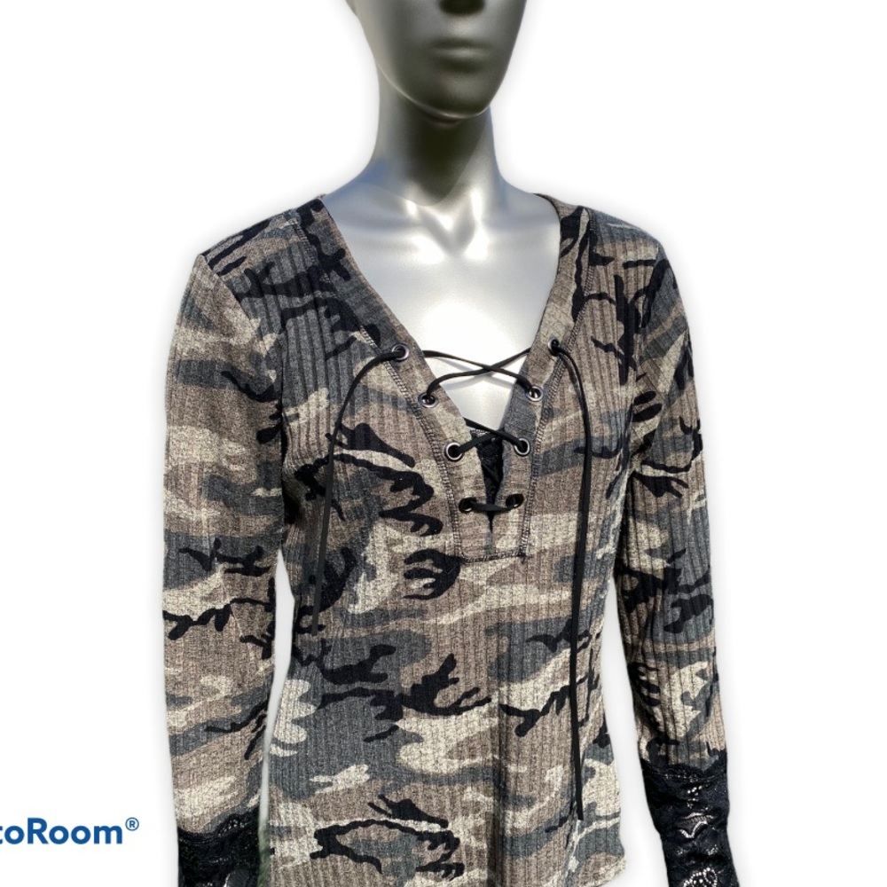 Venus Camouflage Long Sleeve Tee Lace Up Top